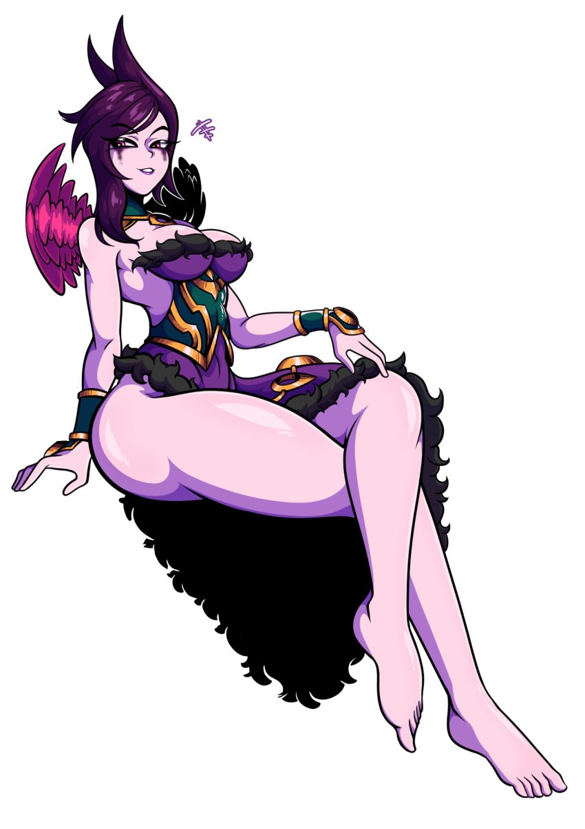 bbumbbum league_of_legends morgana pink_skin purple_hair purple_lipstick riot_games sole_female thick_thighs wings