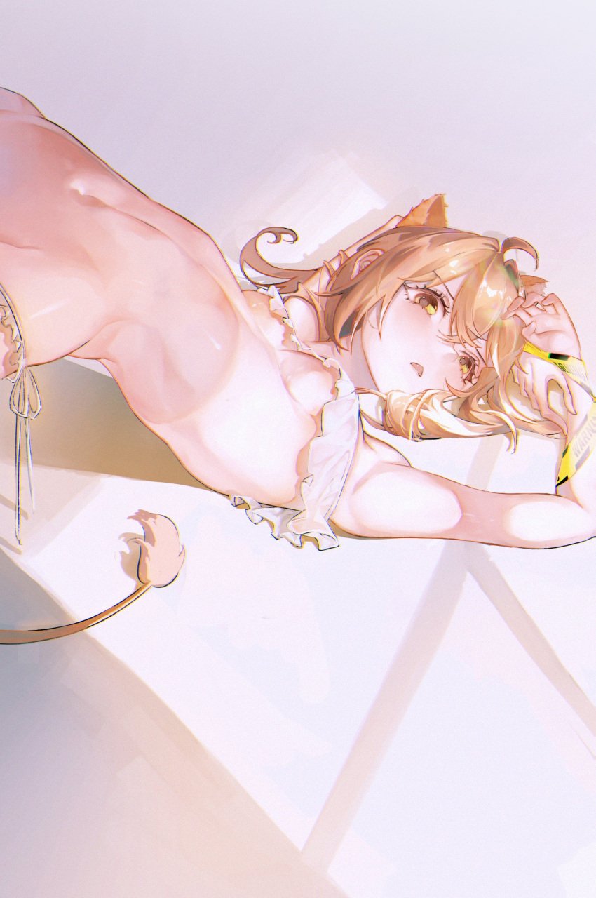 absurd_res almost_naked armpits blonde_hair disgusted highres indie_virtual_youtuber lion_girl lion_tail looking_at_viewer midriff navel raised_hips reinene revealing_clothes rurudo rurudo_lion slender_body small_breasts stomach tail underboob virtual_youtuber