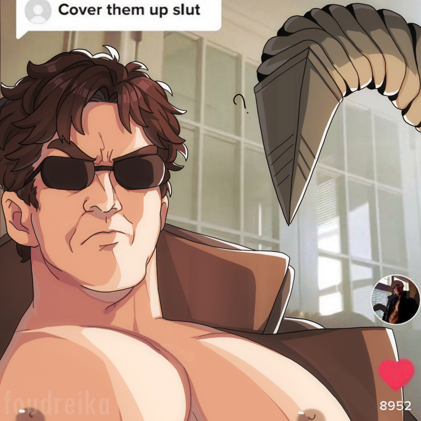 1boy ? alfred_molina bara big_breasts brown_hair brown_nipples cover_them_up_slut detailed doctor_octopus foudreika heart human human_only jacket light-skinned_male light_skin machine male male_focus male_only marvel marvel_cinematic_universe marvel_comics mechanical_arm meme moobs muscular muscular_male nipples otto_octavius pecs spider-man_(2002) spider-man_(series) sunglasses tentacle text tiktok tiktok_overlay