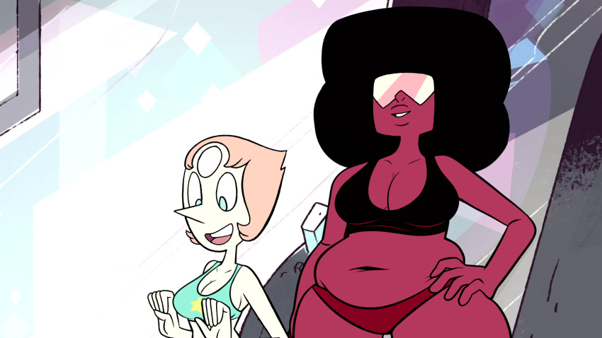 2girls accurate_art_style afro artist_request black_hair black_top black_topwear cartoon_network chubby chubby_female cleavage crystal_gem dark_hair edit edited female female_only garnet_(steven_universe) gem gem_(species) gem_fusion glasses hand_on_hip light-skinned_female light_skin lips long_nose magenta_skin mouth_open pale-skinned_female pale_skin pearl_(gem) pearl_(steven_universe) red_bottom red_bottomwear screenshot_edit shades skinny skinny_female skinny_girl smile smiling sports_bra steven_universe strawberry_blonde_hair teal_eyes teal_topwear teeth teeth_showing tongue white_body white_skin