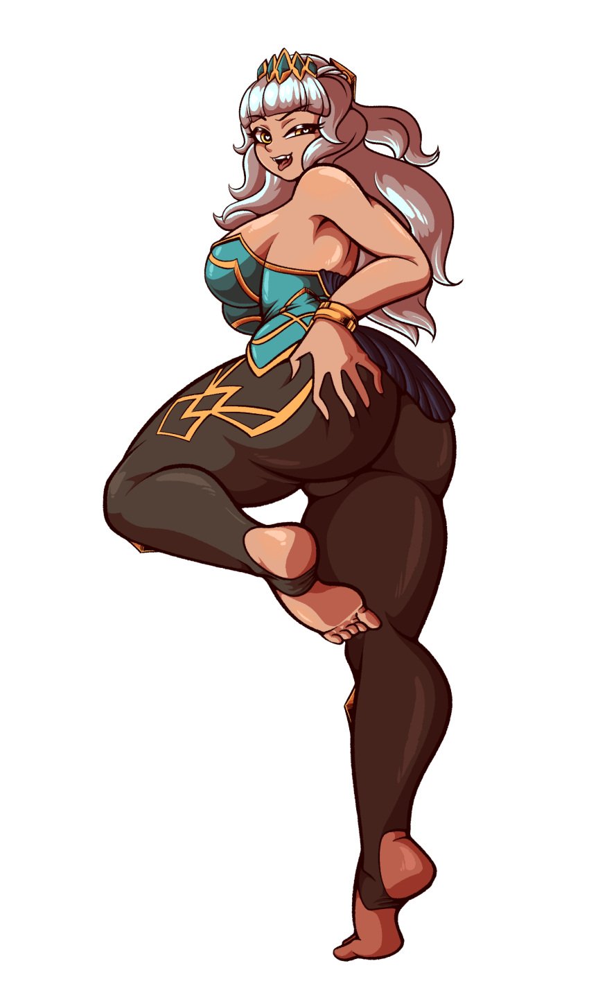 bbumbbum big_butt dark-skinned_female dark_skin heart-shaped_pupils league_of_legends long_hair looking_at_viewer qiyana_yunalai riot_games stirrup_legwear thick_thighs tiara tongue_out white_hair yellow_eyes yoga_pants