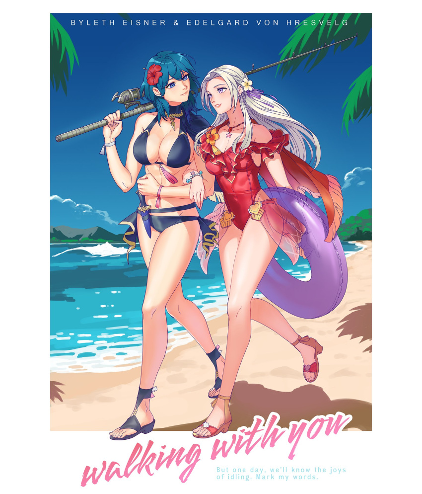 2girls alternate_costume arm_in_arm bare_legs beach bikini black_bikini black_swimsuit blue_eyes blue_sky border bracelet breasts byleth_(fire_emblem) byleth_(fire_emblem)_(female) byleth_(summer)_(fire_emblem)_(female) character_name cleavage couple dagger edelgard_von_hresvelg edelgard_von_hresvelg_(summer) female female_focus female_only fire_emblem fire_emblem:_three_houses fire_emblem_heroes fishing_rod flower frilled_swimsuit frills hair_flower hair_ornament happy_couple highres innertube jewelry knife large_breasts locked_arms multiple_girls nintendo official_alternate_costume one-piece_swimsuit outside_border palm_tree radiostarkiller red_swimsuit sandals sky smile swimsuit tree walking weapon white_border white_hair yuri