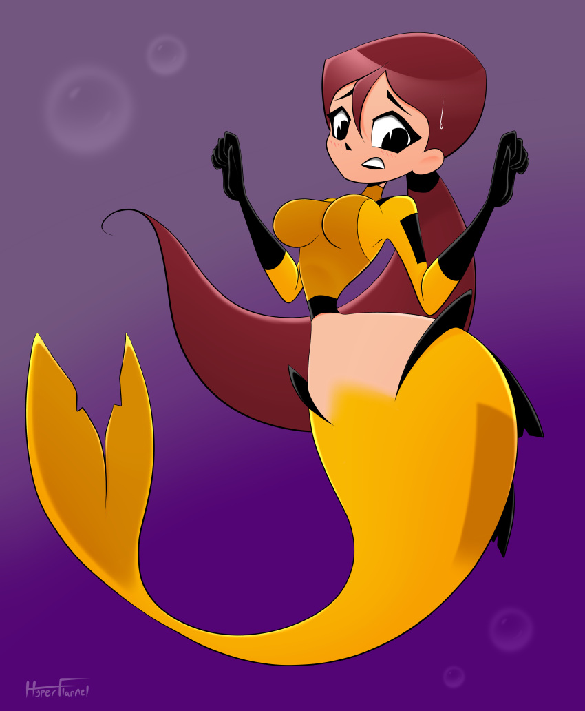 5_fingers abby_archer big_breasts breasts embarrassed embarrassment fish_tail grossology hair hourglass_figure hyperflannel jumpsuit latex latex_clothing latex_suit mermaid mermaid_girl mermaid_tail mermaid_transformation midriff monster png signature sweat thin_waist transformation wetsuit_top wide_hips yellow_clothing yellow_tail