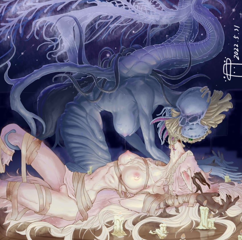 2girls 2monsters alien anthro antlers bandages beast_(bloodborne) big_breasts bloodborne blue_body candles canid ebrietas_daughter_of_the_cosmos eldritch_horror female female_only fromsoftware furry great_one hanging_breasts innie_pussy kissing monster monster_girl pussy ribs small_breasts snout sweat tentacle uncensored vicar_amelia wet_skin white_body white_fur white_skin yuri