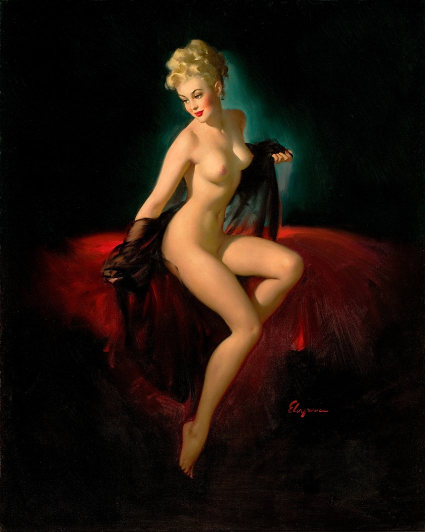 1947 1girls 20th_century areolae blonde_hair breasts female female_only gil_elvgren lipstick looking_to_the_side nipples nude original painting_(artwork) pinup pinup_girl solo straight_hair traditional_media_(artwork) vintage