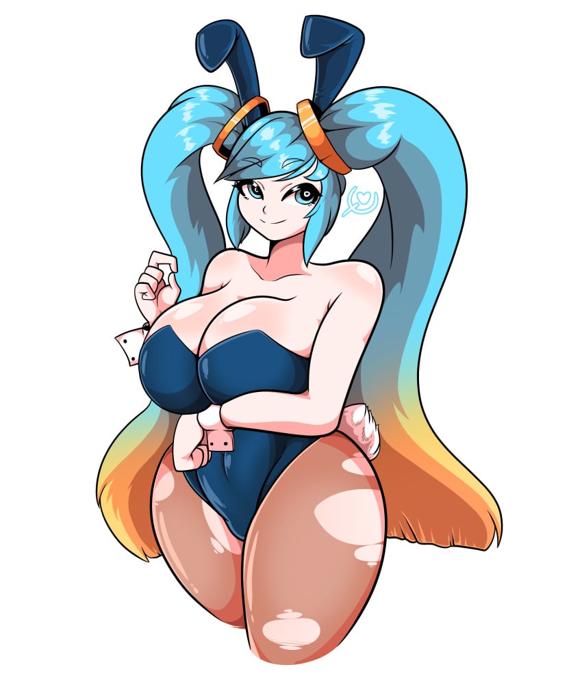 bbumbbum big_breasts blue_eyes blue_hair bunny_ears bunny_outfit heart heart-shaped_pupils league_of_legends plump riot_games sona_buvelle thick_thighs torn_clothes twintails two_tone_hair