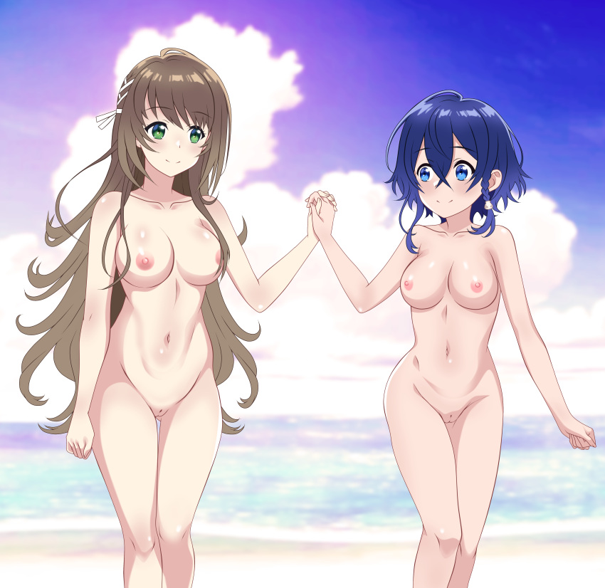 2girls absurdres achmad_faisal ass_visible_through_thighs beach blue_eyes blue_hair blush braid breasts brown_hair clenched_hand green_eyes hair_between_eyes hair_ornament highres holding_hands interlocked_fingers long_hair misakino_kukuru miyazawa_fuuka multiple_girls navel nipples nude ocean outdoors pussy sand shiroi_suna_no_aquatope short_hair smile standing thigh_gap very_long_hair water yuri