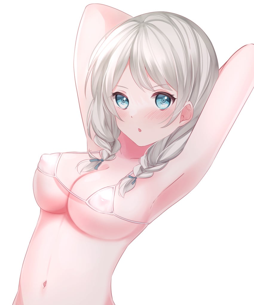 armpits arms_up artist_request bang_dream! bikini blue_eyes breasts cleavage commission commissioner_upload covered_erect_nipples female low_twintails medium_breasts medium_hair micro_bikini navel simple_background skeb_commission solo swimsuit twintails wakamiya_eve white_background white_hair