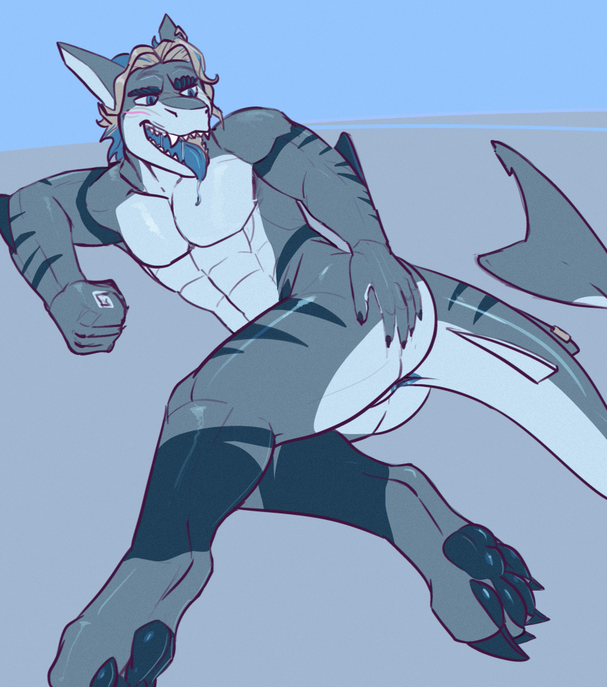 absurd_res anthro anus ass blue_anus blue_background blue_eyes blue_tongue bodily_fluids claws drooling eyebrows fish hi_res koki_(skunkhotel) lying male male_only marine monochrome monotone_body muscular muscular_male on_side pawpads paws rear_view saliva saliva_on_tongue saliva_string scales scalie shark sharp_claws sharp_teeth simple_background skunkhotel snarling solo spread_butt spreading stripes teeth thick_tail thick_thighs tongue