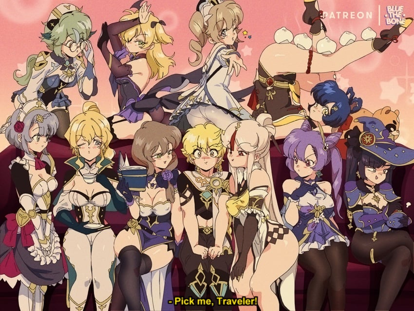 10girls 1boy 6+girls aether_(genshin_impact) barbara_(genshin_impact) bluethebone blush blushing clothed clothed_female clothed_male fischl_(genshin_impact) genshin_impact guoba_(genshin_impact) jean_gunnhildr keqing_(genshin_impact) lisa_(genshin_impact) mona_(genshin_impact) multiple_females multiple_girls ningguang_(genshin_impact) noelle_(genshin_impact) nun retro_artstyle sucrose_(genshin_impact) xiangling_(genshin_impact)