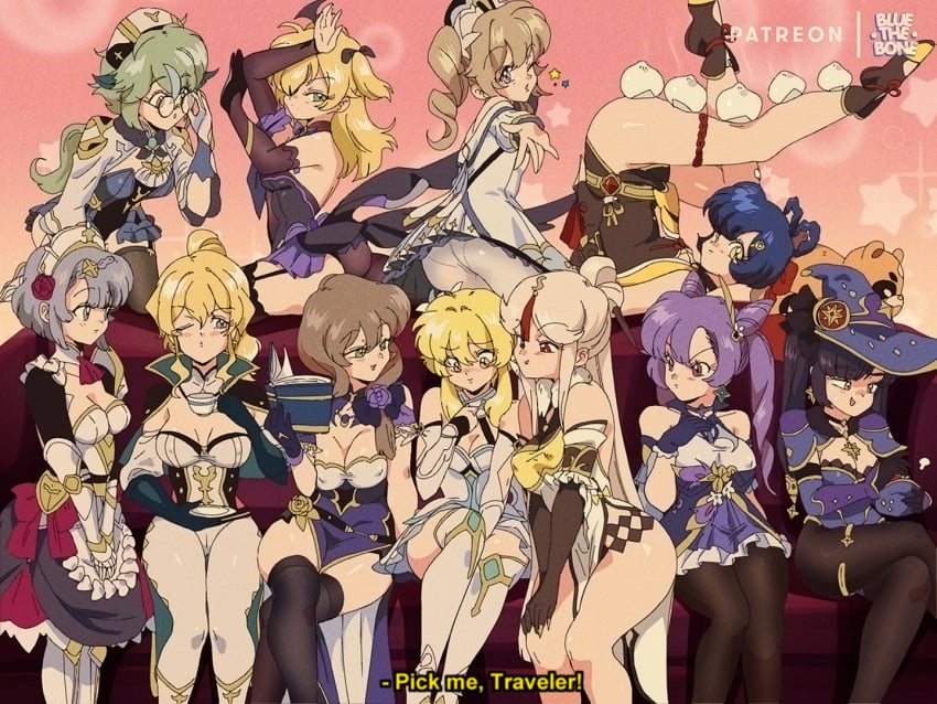 11girls 6+girls barbara_(genshin_impact) bluethebone blush blushing clothed clothed_female female_only fischl_(genshin_impact) genshin_impact guoba_(genshin_impact) harem jean_gunnhildr keqing_(genshin_impact) lisa_(genshin_impact) lumine_(genshin_impact) mona_(genshin_impact) multiple_females multiple_girls ningguang_(genshin_impact) noelle_(genshin_impact) nun retro_artstyle sucrose_(genshin_impact) xiangling_(genshin_impact) yuri