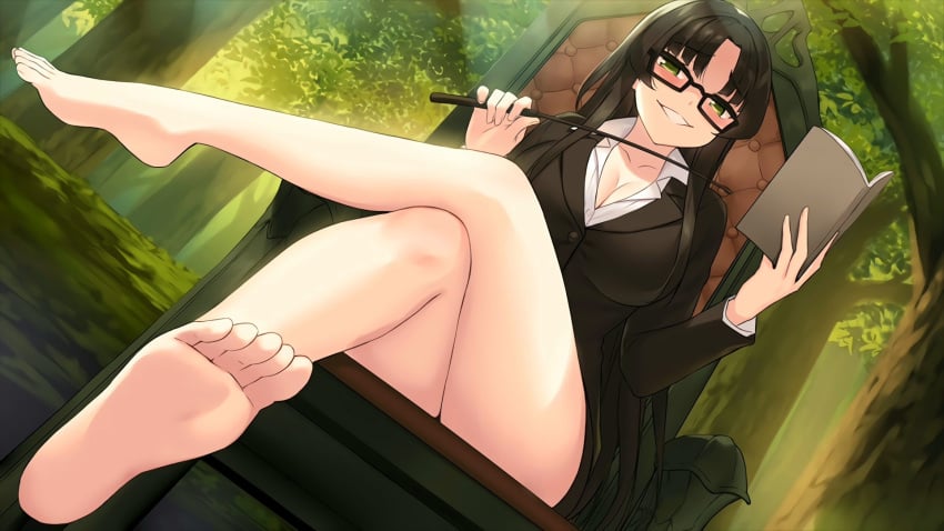 1girls enju_saion-ji feet female female_only forest legs moe_ninja_girls sadistic smile smiling