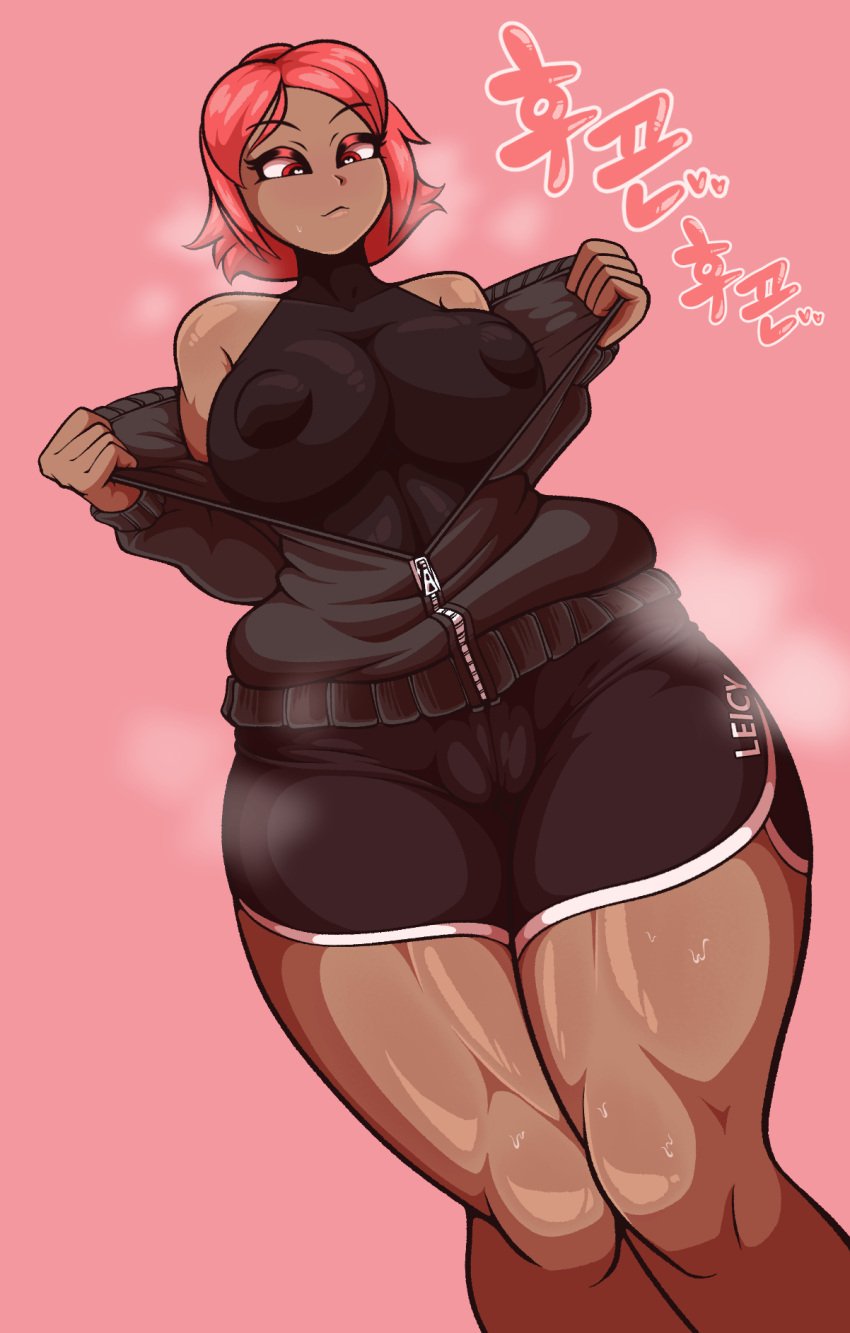 alternate_version_at_source alternate_version_available bbumbbum dark-skinned_female dark_skin heart-shaped_pupils korean_text muscular_female open_shirt original red_eyes red_hair short_hair short_shorts sweat sweater thick_thighs