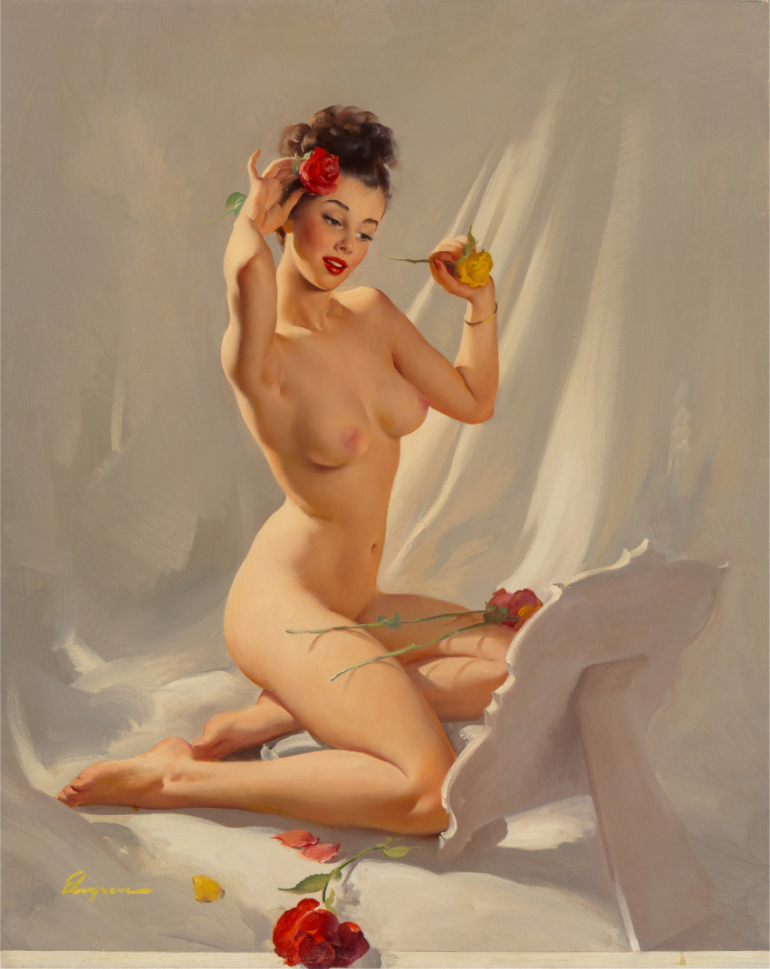 1940s 1948 1girls 20th_century 40s areolae black_hair breasts female female_only flower gil_elvgren kneeling lipstick mirror nipples nude original painting_(artwork) pinup pinup_girl rose solo straight_hair thighs thin_waist traditional_media_(artwork) vintage