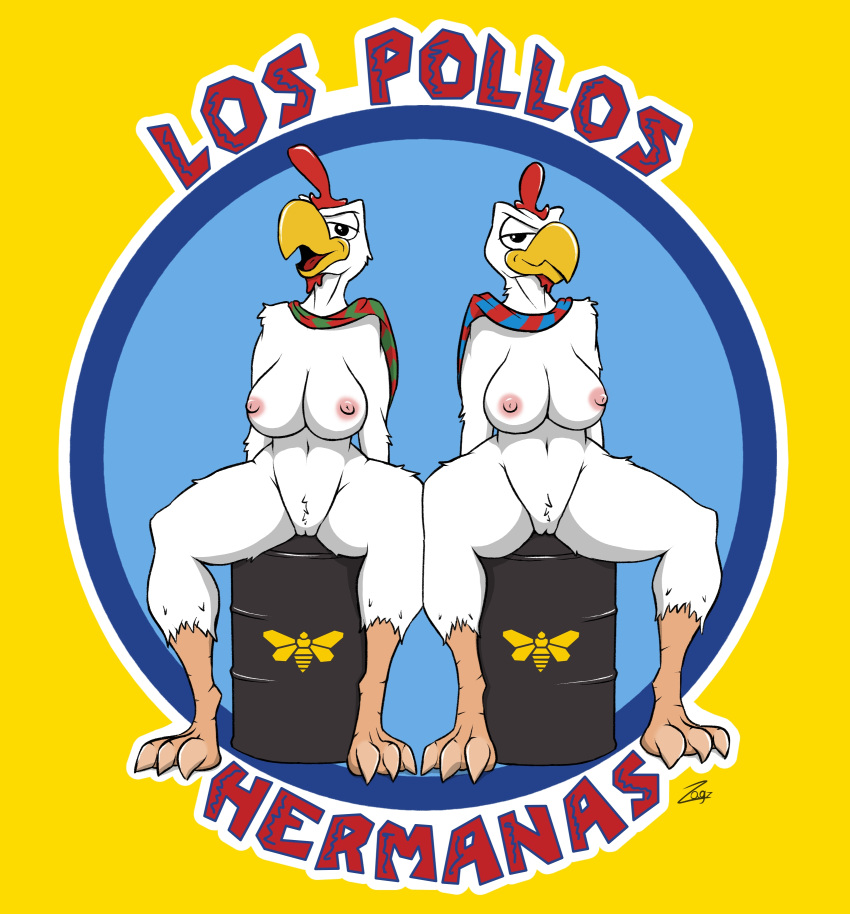 2girls absurd_res anthro avian barrel beak big_breasts bird breaking_bad breasts chicken claws clothing duo feathers female female/female female_only galliform gallus_(genus) genitals hi_res huge_breasts logo looking_at_viewer los_pollos_hermanos multiple_girls nipples nude phasianid poncho pussy relaxing rule_63 sharp_claws sibling simple_background sitting smile smiling_at_viewer spanish_text talons text thick_thighs twins wide_hips