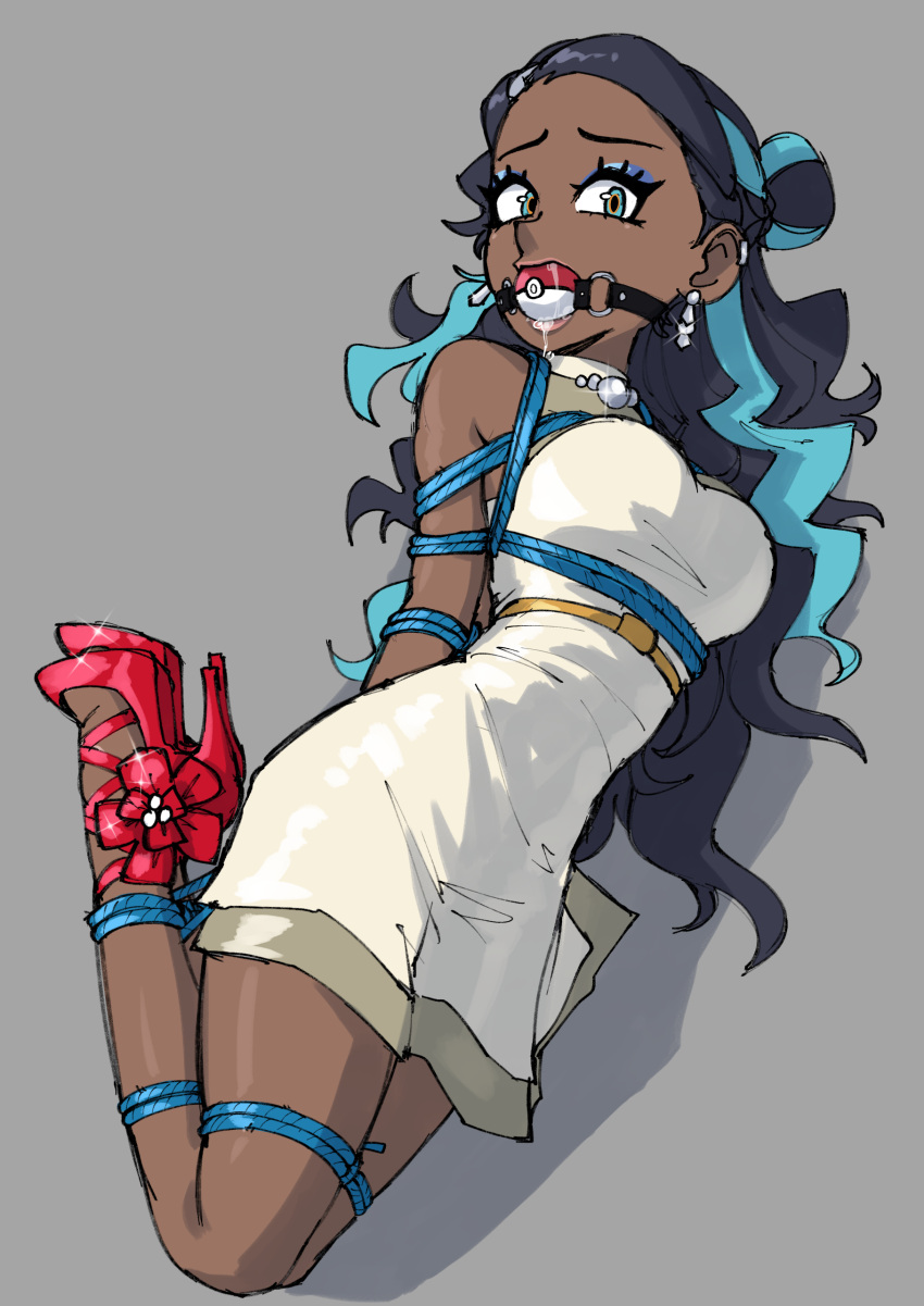 1girls ball_gag black_hair blue_hair bondage dark-skinned_female dark_skin dress earrings eyeshadow femsub gag gagged gingrjoke high_heels jewelry nessa_(pokemon) poke_ball poke_ball_gag pokemon pokemon_ss simple_background tied tied_up two_tone_hair white_dress