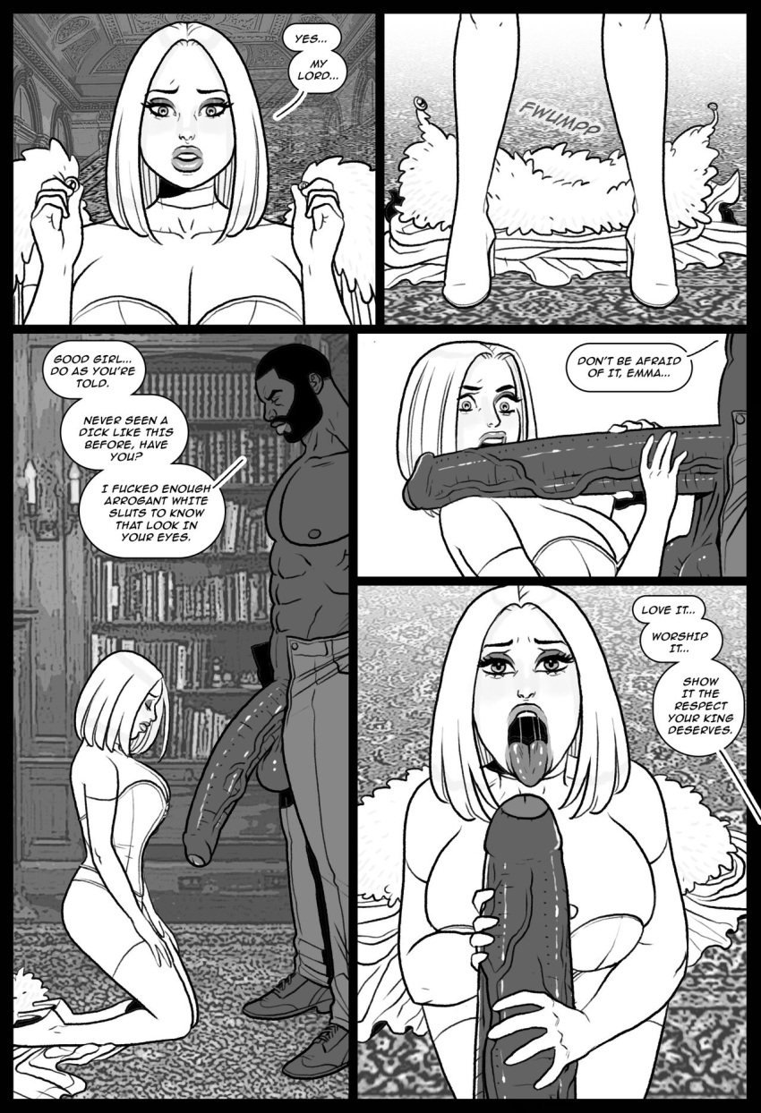 1boy 1girls belly_button black_and_white blonde_hair breasts breasts_out bubble_ass bubble_butt cameltoe cape cock_worship comic_page corset curvy curvy_female dark-skinned_male dat_ass emma_frost exaggerated_anatomy female hellfire_club high_heels hourglass_figure huge_balls huge_breasts huge_butt huge_cock interracial lingerie male maledom marvel marvel_comics mascara on_knees original_character panties pegasus_(artist) scatwoman shaka_shaw speech_bubble submissive_female the_black_king thong thong_panties tongue_out white_queen wine_glass x-men