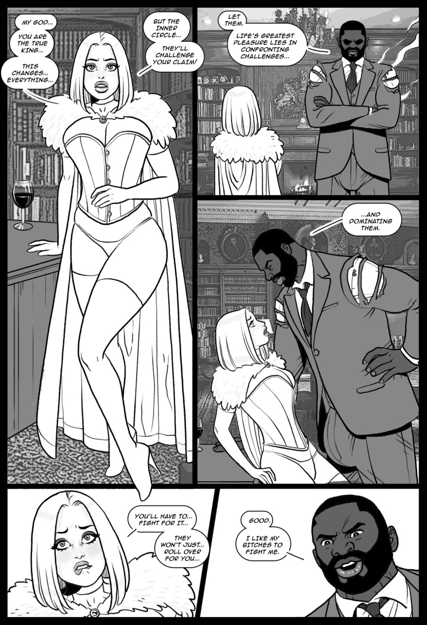 belly_button black_and_white blonde_hair breasts breasts_out bubble_ass bubble_butt cameltoe cape clothed_male comic_page corset curvy curvy_female dark-skinned_male dat_ass emma_frost exaggerated_anatomy female hellfire_club high_heels hourglass_figure huge_balls huge_breasts huge_butt huge_cock lingerie male maledom marvel marvel_comics mascara muscular_male original_character panties pegasus_(artist) scatwoman shaka_shaw speech_bubble submissive_female the_black_king thong thong_panties tongue_out white_queen wine_glass x-men