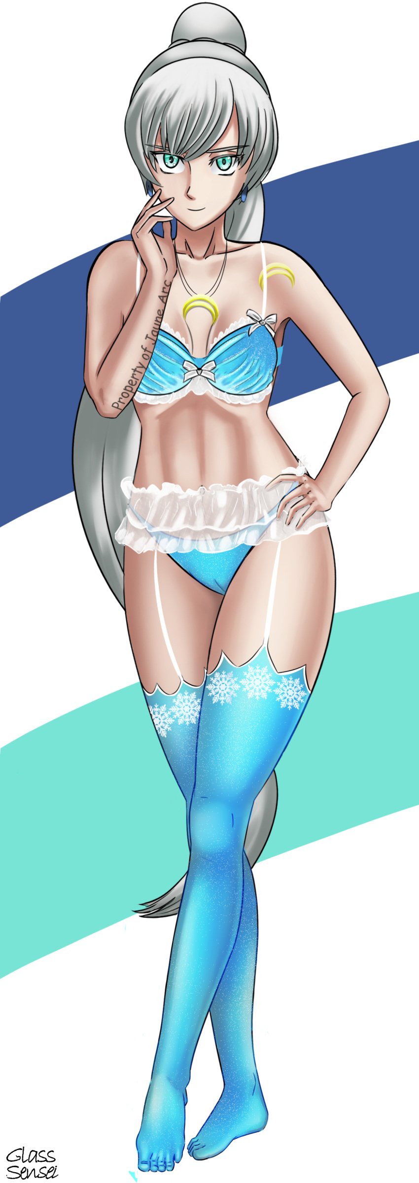 1girls blue_eyes blue_lingerie female glass_sensei rwby tattoo weiss_schnee white_hair