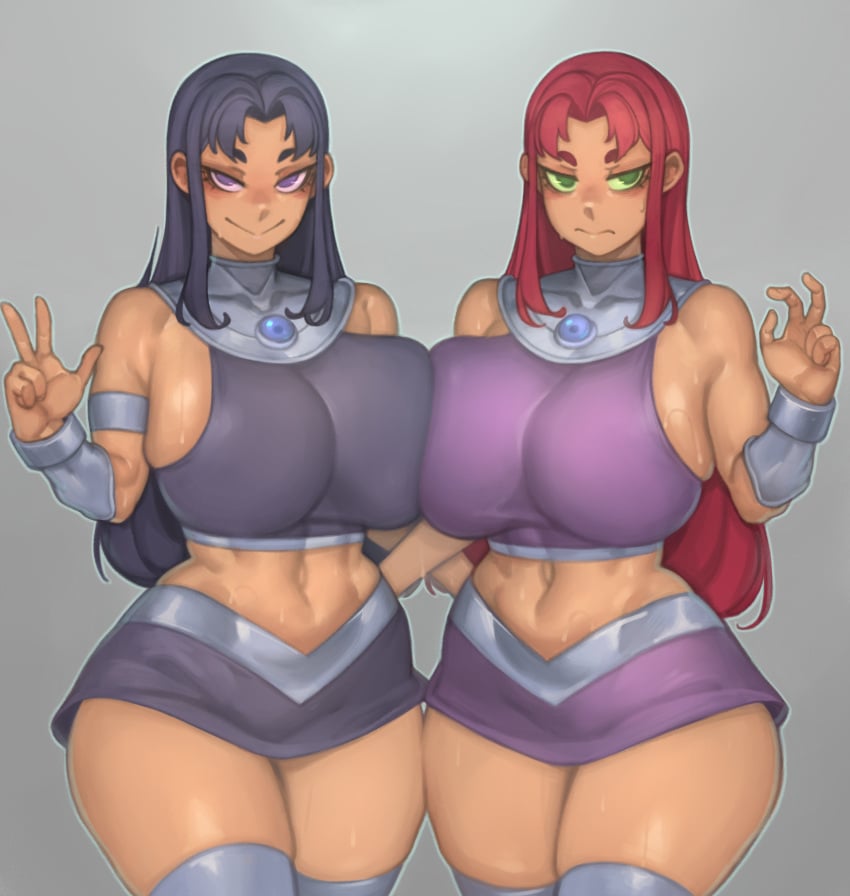 2022 2girls alien alien_girl big_breasts black_hair blackfire breasts breasts_bigger_than_head clothed clothed_female dc dc_comics female female_only green_eyes hi_res hips huge_breasts kelvin_hiu komand&#039;r koriand&#039;r large_breasts long_hair massive_breasts midriff naughty_face orange_skin purple_eyes red_hair sisters slim_waist starfire straight_hair suggestive_look teen_titans thick_thighs thighs wide_hips