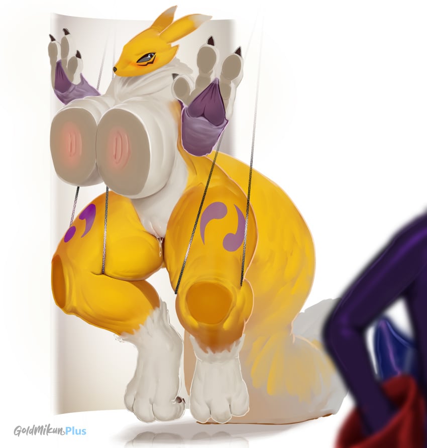 absurd_res anthro areola bandai_namco big_breasts blush bodily_fluids breasts canid canine digimon digimon_(species) dripping female fur genital_fluids genitals goldmikun hi_res impmon mammal nipples nude pussy pussy_juice pussy_juice_drip renamon simple_background white_background white_body white_fur yellow_body yellow_fur