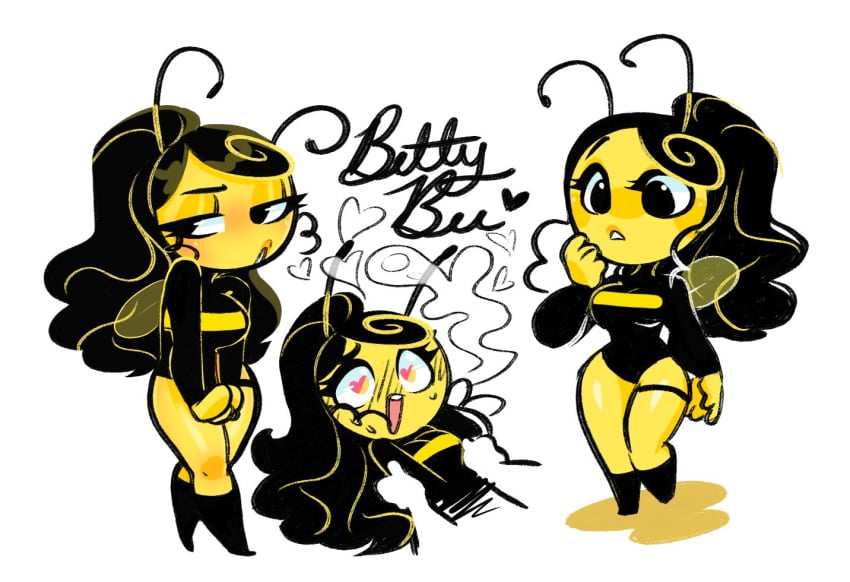 1girls adorable antennae anthro bee betty_bee black_eyes black_hair blush boots cute disembodied_hands female female_focus garter_band heart heart-shaped_pupils insect_girl insect_wings insects legs leotard long_hair long_sleeves name_drop ohthesunnyside original plump_lips ponytail small_female solo steaming_breath sweat text white_background yellow_skin