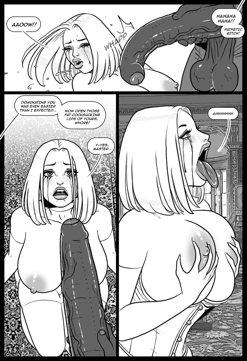 1boy 1girls all_fours belly_button belly_expansion black_and_white blonde_hair breasts breasts_out bubble_ass bubble_butt cameltoe cape choking_on_cock cock_slap cock_worship comic_page corset curvy curvy_female dark-skinned_male dat_ass deepthroat emma_frost exaggerated_anatomy face_fucking female female_penetrated gagged_speech gagging_noise hellfire_club high_heels hourglass_figure huge_balls huge_breasts huge_butt huge_cock interracial licking_cum licking_penis lingerie male maledom marvel marvel_comics mascara mascara_tears on_knees original_character panties pegasus_(artist) scatwoman shaka_shaw slapping_with_penis speech_bubble submissive_female the_black_king thong thong_panties tongue_out white_queen wine_glass x-men