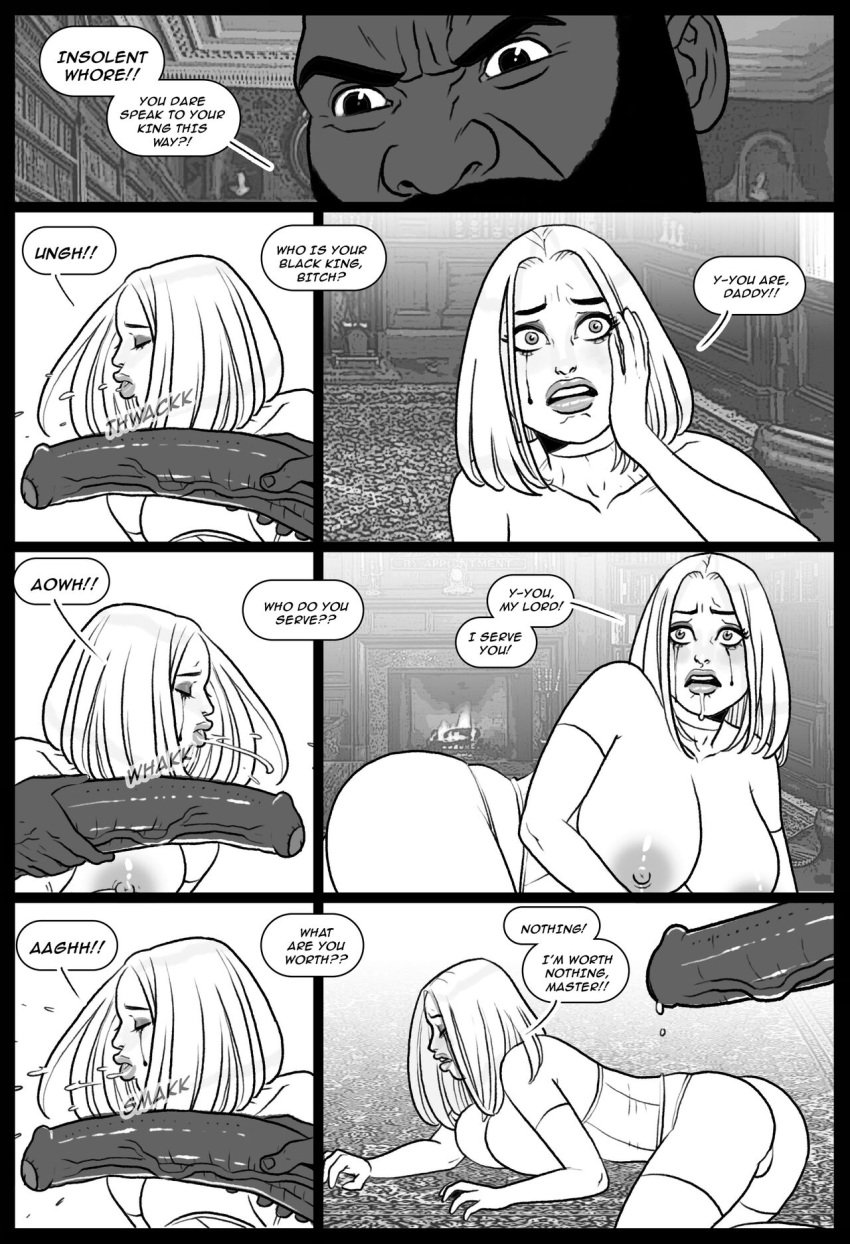 1boy 1girls all_fours belly_button belly_expansion black_and_white blonde_hair breasts breasts_out bubble_ass bubble_butt cameltoe cape choking_on_cock cock_slap cock_worship comic_page corset curvy curvy_female dark-skinned_male dat_ass deepthroat emma_frost exaggerated_anatomy face_fucking female female_penetrated gagged_speech gagging_noise hellfire_club high_heels hourglass_figure huge_balls huge_breasts huge_butt huge_cock interracial licking_cum licking_penis lingerie male maledom marvel marvel_comics mascara mascara_tears on_knees original_character panties pegasus_(artist) scatwoman shaka_shaw slapping_with_penis speech_bubble submissive_female the_black_king thong thong_panties tongue_out white_queen wine_glass x-men