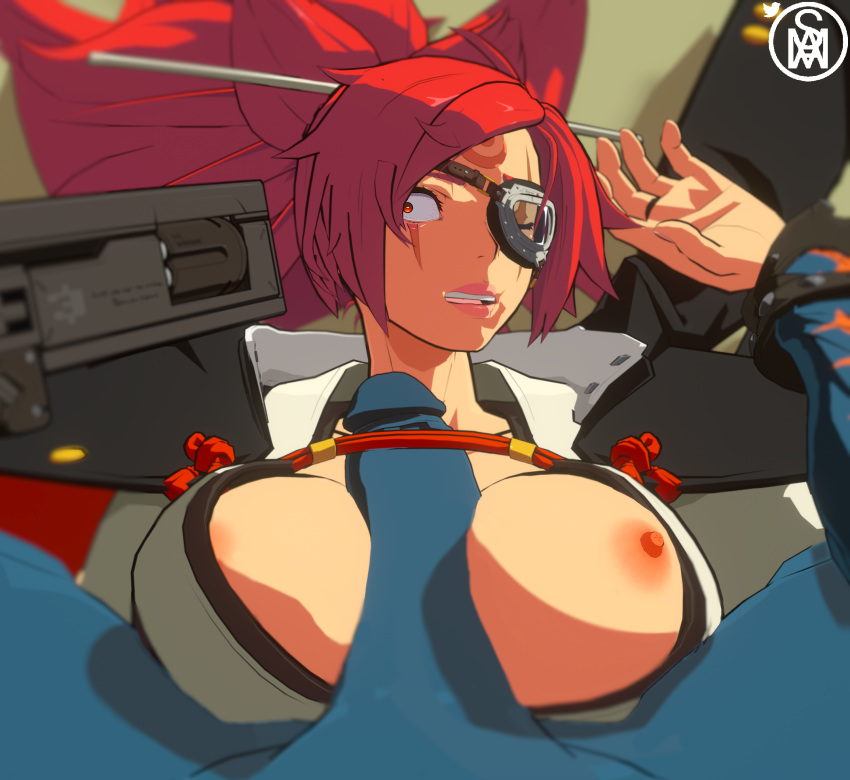 1boy 1boy1girl 1girls 3d baiken blender blue_skin breast_focus breasts breasts_out crying defeated defeated_heroine eye_patch firearm guilty_gear guilty_gear_strive gun gun_to_head gunpoint handgun happy_chaos imminent_titfuck middlemansfm one_arm one_arm_up one_eye_closed paizuri rape red_eyes red_hair revolver scared titfuck titjob weapon