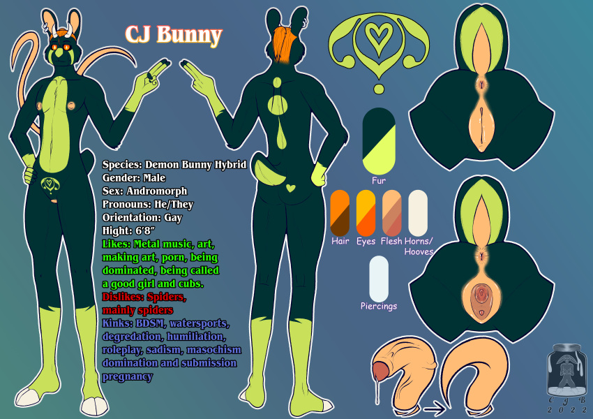 2022 absurd_res andromorph animal_genitalia anthro anus ass back_tentacles biped black_sclera bodily_fluids cj_bunny_(character) color_swatch cum cumjarbunny cuntboy cuntboy_sans_balls demon digital_drawing_(artwork) digital_media_(artwork) diphallia diphallism ear_piercing english_text fur fur_markings genital_fluids genitals hair herm hermaphrodite hi_res hooffoots hooves horn humanoid_genitalia humanoid_penis hybrid intersex intersex_only lagomorph lagomorph_pussy leporid male maleherm mammal markings model_sheet multi_genitalia multi_penis multicolored_body multicolored_fur nipples nude penis penis_tentacles perineum piercing ponytail pupils pussy rabbit simple_background slit_pupils smile solo standing tentacle tentacle_penis text tuft watermark young