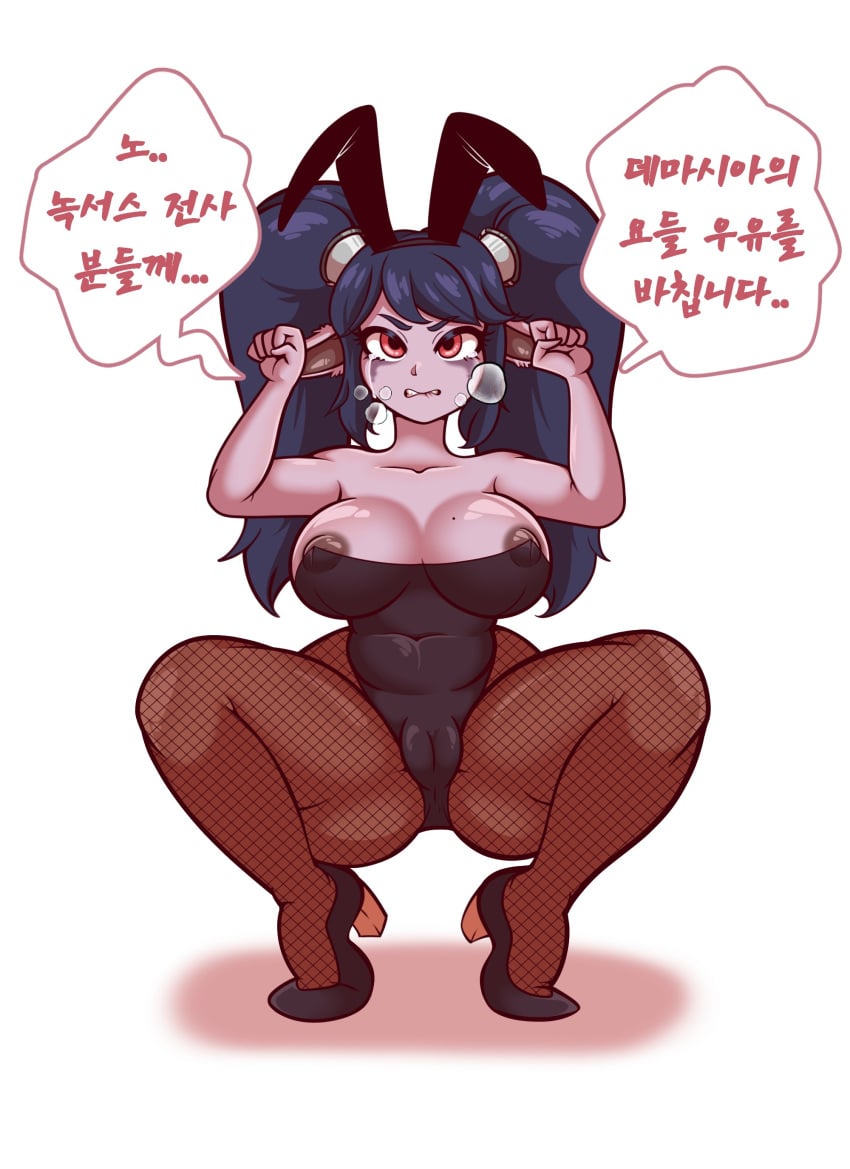 bbumbbum black_hair bunny_ears bunnysuit fishnets heels korean_text league_of_legends mole mole_on_breast nipple_slip pointy_ears poppy purple_skin red_eyes riot_games runny_makeup squatting tears twintails yordle