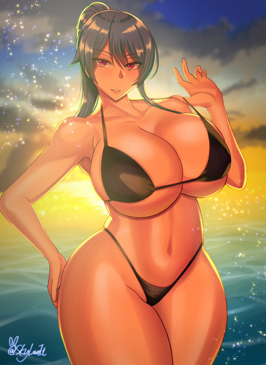 1girls big_breasts bikini black_bikini breasts busty curvaceous curves curvy curvy_body curvy_female curvy_figure enormous_breasts female female_focus female_only huge_breasts large_breasts original original_character ponytail red_eyes skyloveit solo solo_female sunset thick_thighs thighs voluptuous