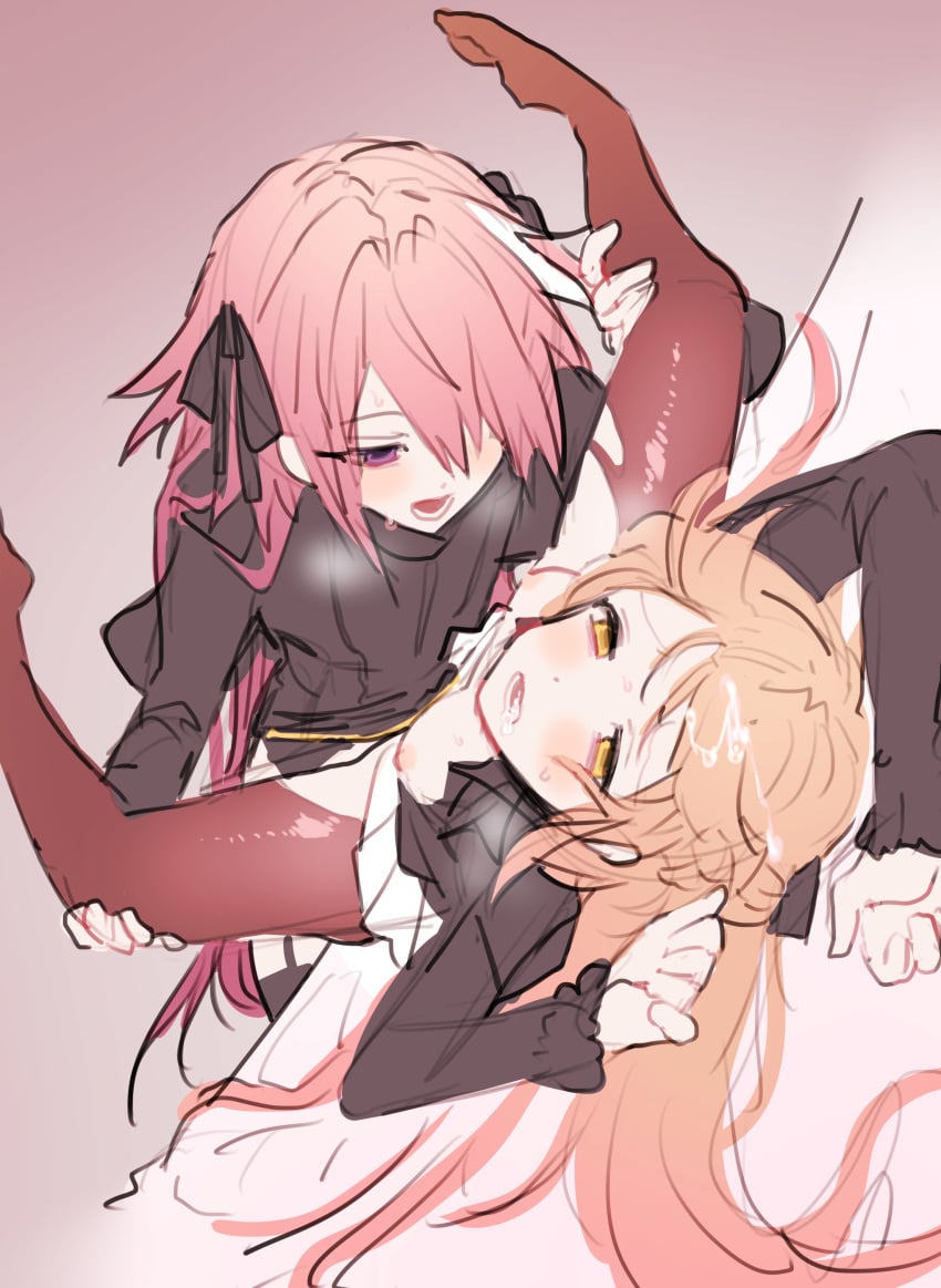 1boy 1girls astolfo_(fate) bottomwear breasts clothing fate_(series) female female_penetrated femboy femboy_on_female femsub josou_seme koyashaka male male_penetrating male_penetrating_female maledom missionary_position nipples open_mouth original_character pantyhose penetration ripped_clothing ripped_pantyhose sex skirt straight sweat topwear