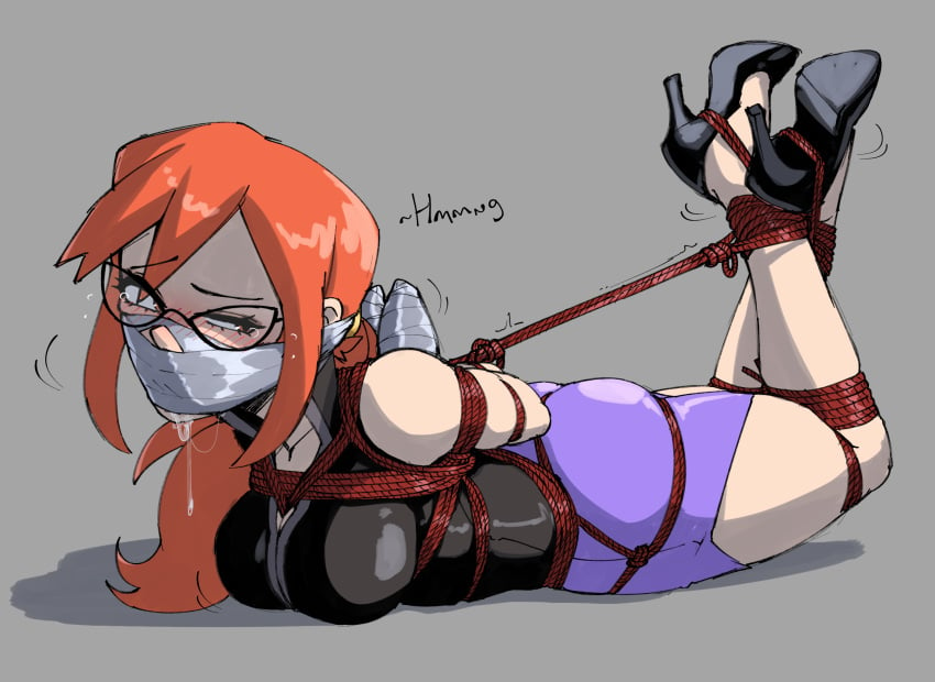 blush blushing bondage drool drooling gingrjoke glasses hogtie hogtied long_hair lorelei_(pokemon) pokemon pokemon_rgby red_hair tape_gag taped_hands taped_mouth