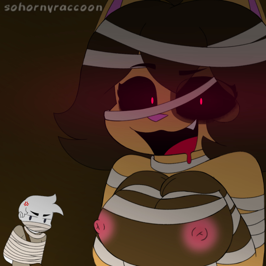 angry anon atsuki_(sohornyraccoon) black_eyes breasts brown_hair close-up hands_on_breasts hungry looking_at_viewer mummy mummy_costume mummy_wrappings nipples orange_fur pink_pupils raccoon showing_breasts sohornyraccoon tagme wrapped