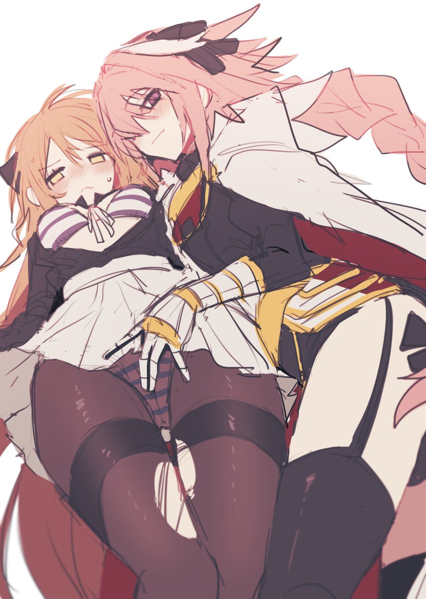 1boy 1girls armwear astolfo_(fate) blush bottomwear clothing eyebrows_visible_through_hair fate_(series) female femboy femboy_on_female handwear koyashaka legwear male original_character pantyhose ripped_clothing ripped_pantyhose straight sweat topwear