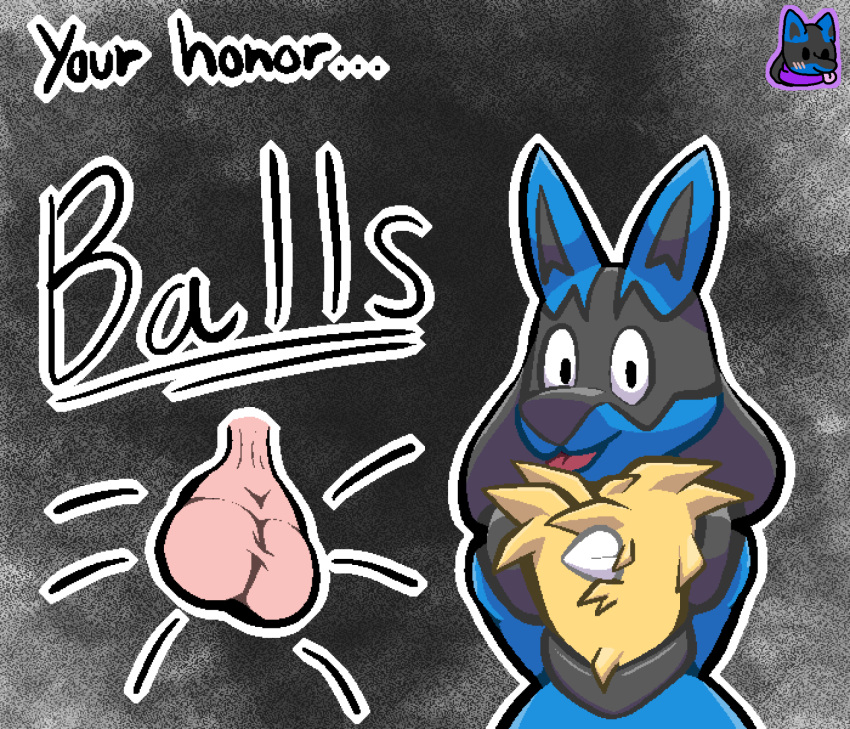 ambiguous_gender anthro disembodied_balls hi_res humor looking_at_viewer lucario meme nintendo pokemon pokemon_(species) snowcario_(artist) solo text video_games