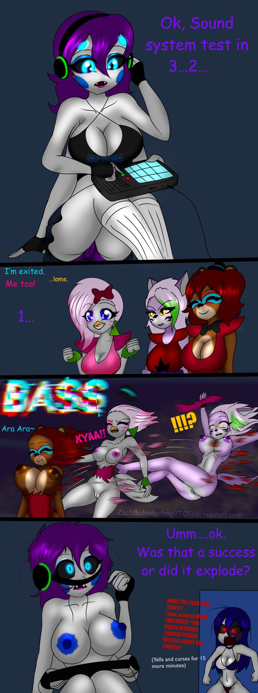 angry anthro big_breasts blue_background breast color colored dark_blue_background daycare_attendant_(fnaf) deviantart_link deviantart_url dj_music_man female_only five_nights_at_freddy's five_nights_at_freddy's:_security_breach flying glamrock_chica_(fnaf) glamrock_freddy_(fnaf) happy headphones moondrop multi_arm multi_limb music_man music_man_(fnaf) roxanne_wolf_(fnaf) rule_63 shredded_clothes skirt tagme torn_clothes yelling zachthehedgehog97-2