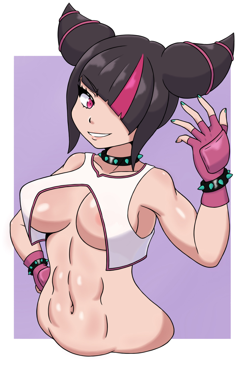 1girls abs athletic athletic_female black_hair busty capcom cleavage crop_top edit erect_nipples female female_focus female_only hair_over_one_eye hourglass_figure juri_han navel no_bodypaint pink_eyes solo street_fighter street_fighter_6 tagme wide_hips winzaku_(asakura)