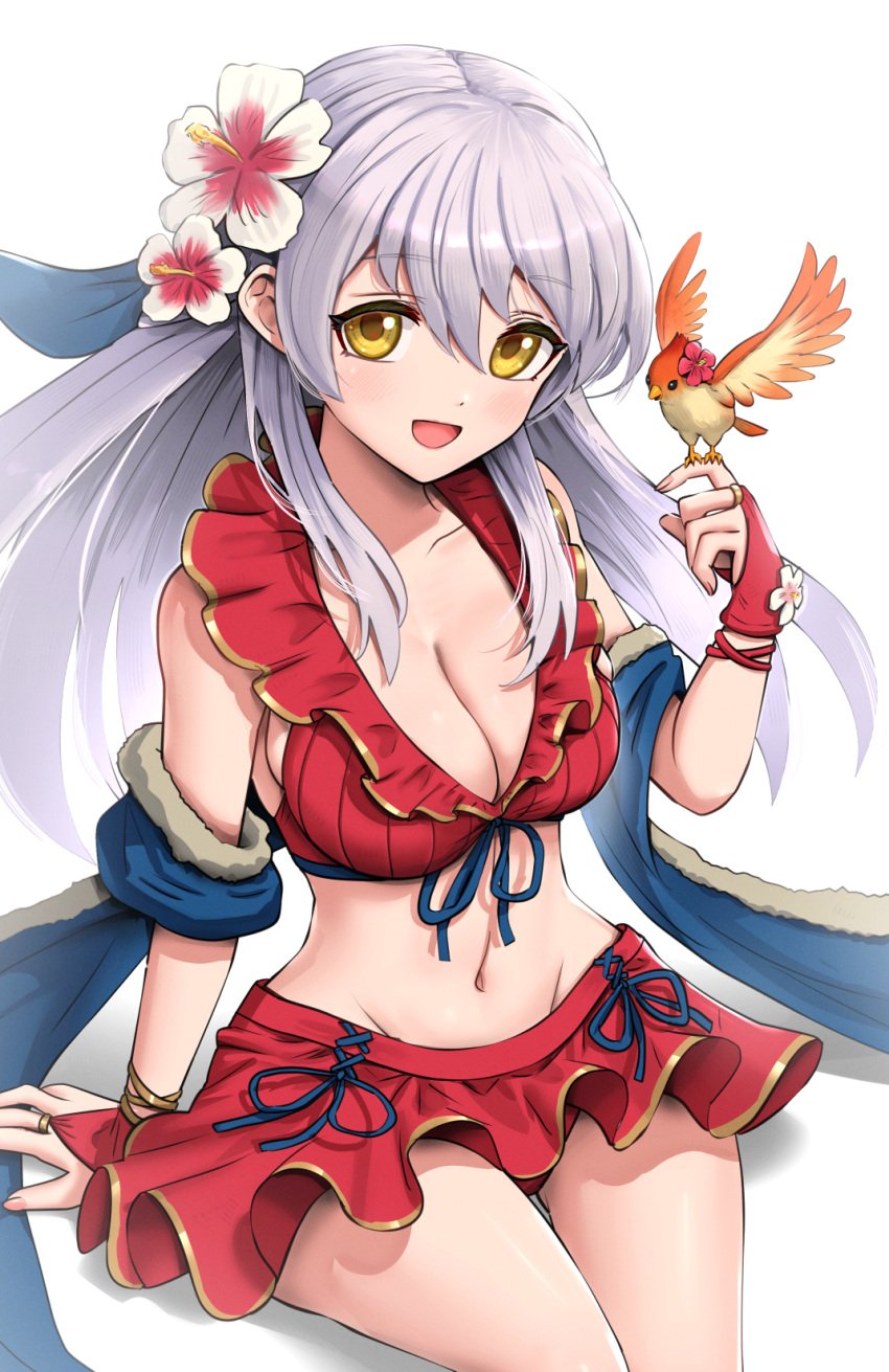 1girls :d alternate_costume bangs bare_shoulders bikini bikini_skirt bird bird_on_hand blue_scarf breasts cleavage collarbone female female_only fire_emblem fire_emblem:_radiant_dawn fire_emblem_heroes flower gloves gonzarez grey_hair groin hair_flower hair_ornament hair_ribbon highres large_breasts long_hair looking_at_viewer micaiah_(fire_emblem) micaiah_(summer)_(fire_emblem) miniskirt nintendo official_alternate_costume open_mouth red_bikini red_gloves red_swimsuit ribbon scarf silver_hair simple_background skirt smile solo swimsuit white_background yellow_eyes yune_(fire_emblem)