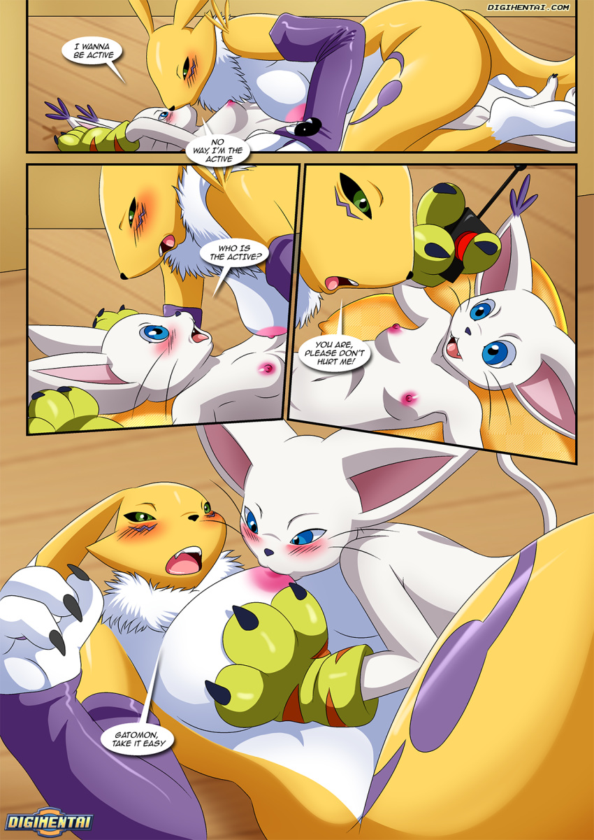 big_breasts comic dialogue digihentai digimon digimon_(species) digimon_adventure digimon_tamers dirty_gamers female gatomon kissing lesbian palcomix renamon size_difference small_breasts sucking sucking_nipples