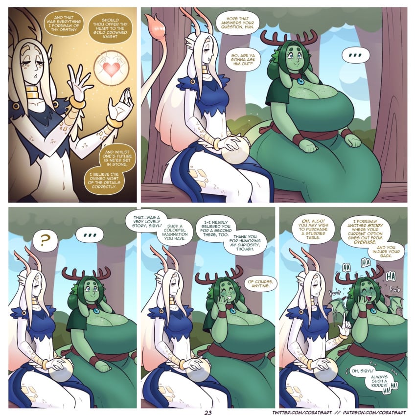 2girls anthro better_version_at_source big_breasts blue_eyes blush closed_eyes cobatsart comic crystal_ball curvaceous curvy dialogue dragon dragon_horns dragon_tail embarrassed english_text female female_only freckles green_hair green_skin hi_res horns long_ears long_hair maple_(cobat) page_23 speech_bubble tail thick_thighs tiny_wings white_hair white_skin wings