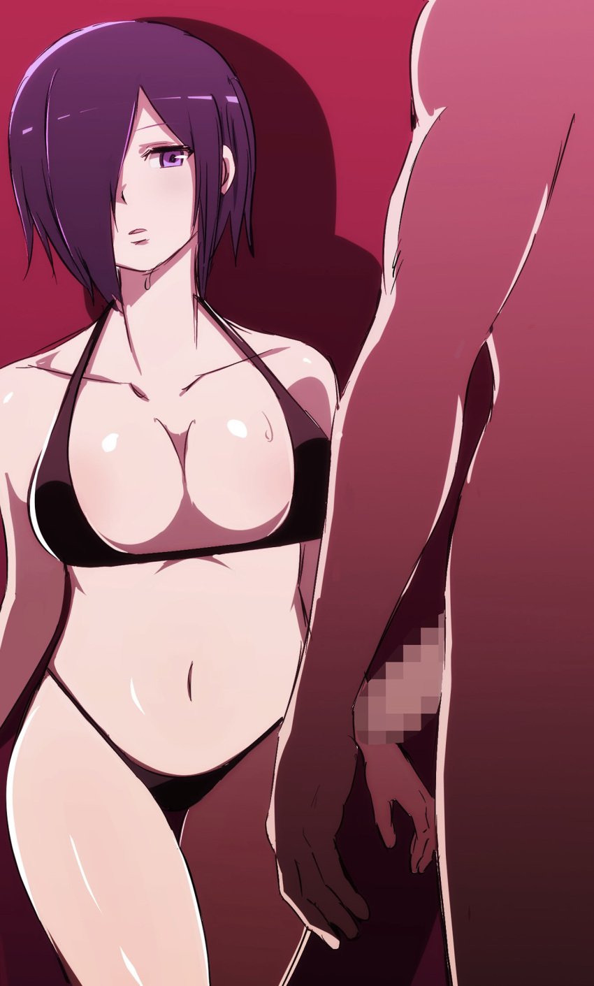 1boy 1girls bikini breasts censored cleavage female kirishima_touka male mosaic_censoring tagme tokyo_ghoul