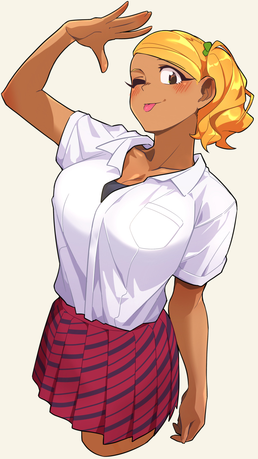 1girls arm_up big_breasts blonde_hair blush dark-skinned_female dark_skin deterioration_(artist) gyaru komi-san_wa_komyushou_desu looking_at_viewer manbagi_rumiko school_uniform schoolgirl schoolgirl_uniform skirt solo solo_female tongue tongue_out wink