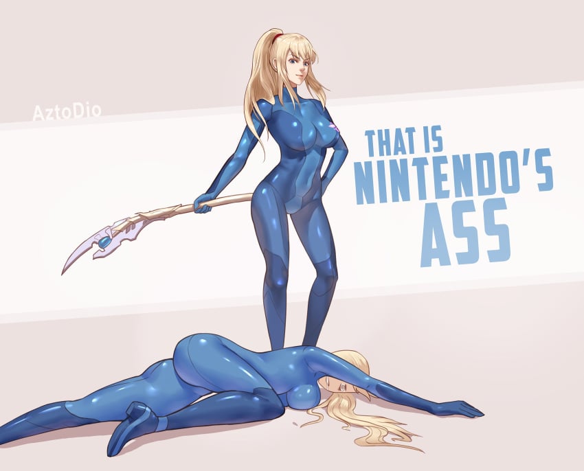 1girls ass avengers avengers:_endgame azto_dio blonde_hair blue_eyes bodysuit clone clones clothed covered_navel dat_ass dual_persona female female_only fully_clothed funny marvel marvel_comics meme metroid nintendo parody ponytail samus_aran scepter sidelocks zero_suit zero_suit_samus