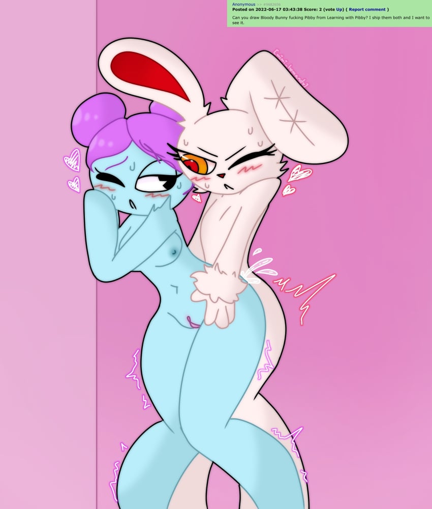 1girls 1other 2spot_studio ;o adult_swim against_wall ambiguous_gender anal anal_sex anthro anthro_on_anthro anthro_penetrated anthro_penetrating areolae artist_signature bent_over bloody_bunny bloody_bunny_(character) blue_body blush breasts cartoony cum cum_in_ass cum_inside feet_out_of_frame female/ambiguous from_behind fur furry half-closed_eyes heart highres humanoid knees_together_feet_apart learning_with_pibby looking_at_partner medium_breasts motion_lines multicolored_eyes nude one_eye_closed open_mouth orange_eyes pac-man_eyes penetration pibby pie_cut_eyes pigeon-toed pink_background purple_hair pussy rabbit raku_sarvin red_eyes red_nose request rule_34_comment self_upload sex simple_background standing stitch_(disambiguation) sweat thick_thighs wall white_body white_fur wide_hips