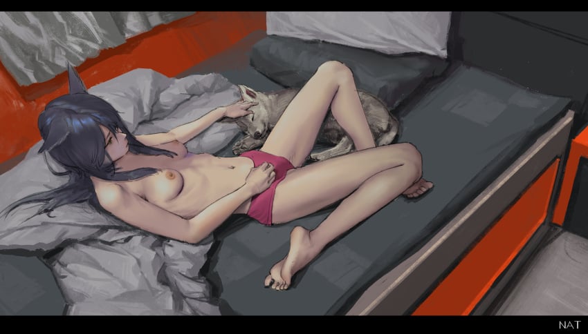 2020s 2022 absurdres animal animal_ears arknights artist_name bangs bare_legs barefoot bed bed_sheet bedroom black_hair boyshorts breasts breasts_apart canine closed_mouth collarbone commentary curtains dog english_commentary feet female hair_over_one_eye hand_on_another's_head highres indoors long_hair lying navel nipples nose on_back on_bed petting photoshop_(medium) pillow pink_shorts pink_underwear rocher-hd short_shorts shorts small_breasts soles solo stomach texas_(arknights) topless wolf_ears wolf_girl yellow_eyes