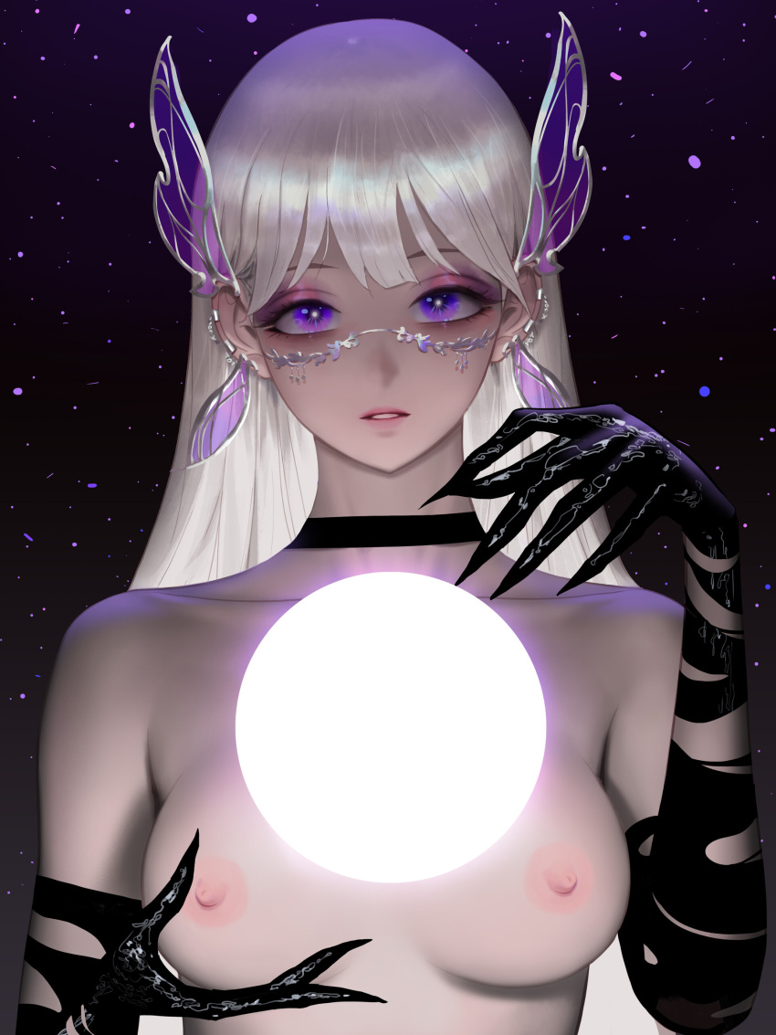 1girls choker gloves long_hair magic magic_user nude original_character pale portrait purple_eyes small_breasts white_hair wonbin_lee