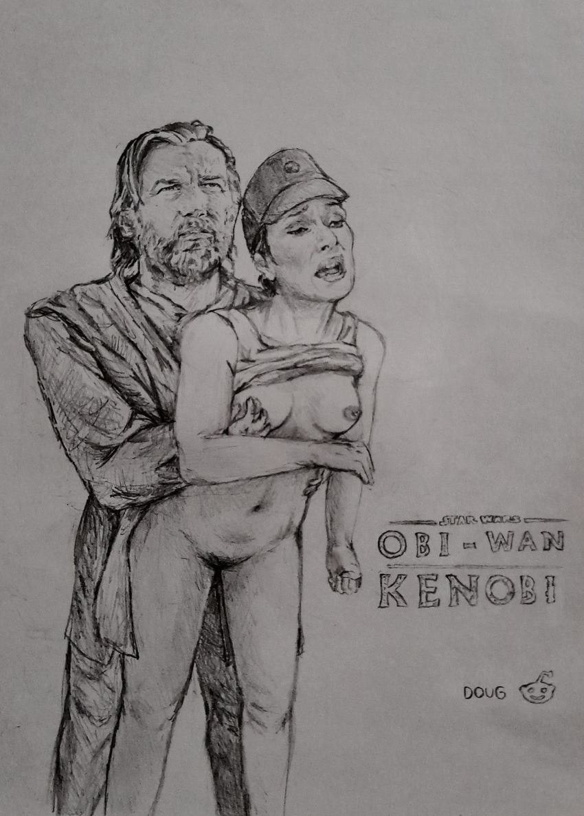 1boy 1girls beard bottomless bottomless_female breast_grab clothed clothed_male clothing dougsketches duo eyes female groping hair hairy_pussy half-closed_eyes hat headgear holding imperial_officer logo looking_up male medium_hair nipples obi-wan_kenobi obi-wan_kenobi_(series) open_eyes open_mouth pants pubic_hair robe sex shirt shirt_up signature simple_background sleeveless standing standing_sex star_wars straight tala_durith text white_background