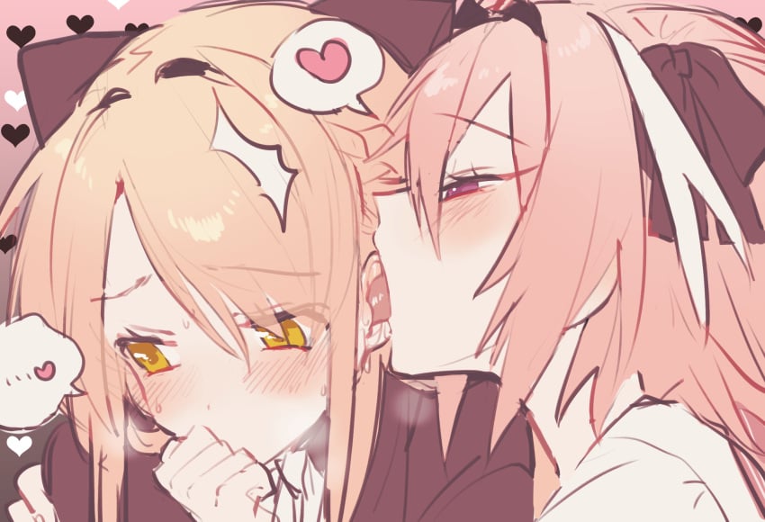 1boy 1girls astolfo_(fate) blush clothing ear_licking eyebrows_visible_through_hair fate_(series) female femboy femboy_on_female femboydom femsub koyashaka licking licking_ear male maledom open_mouth original_character straight sweat tongue tongue_out